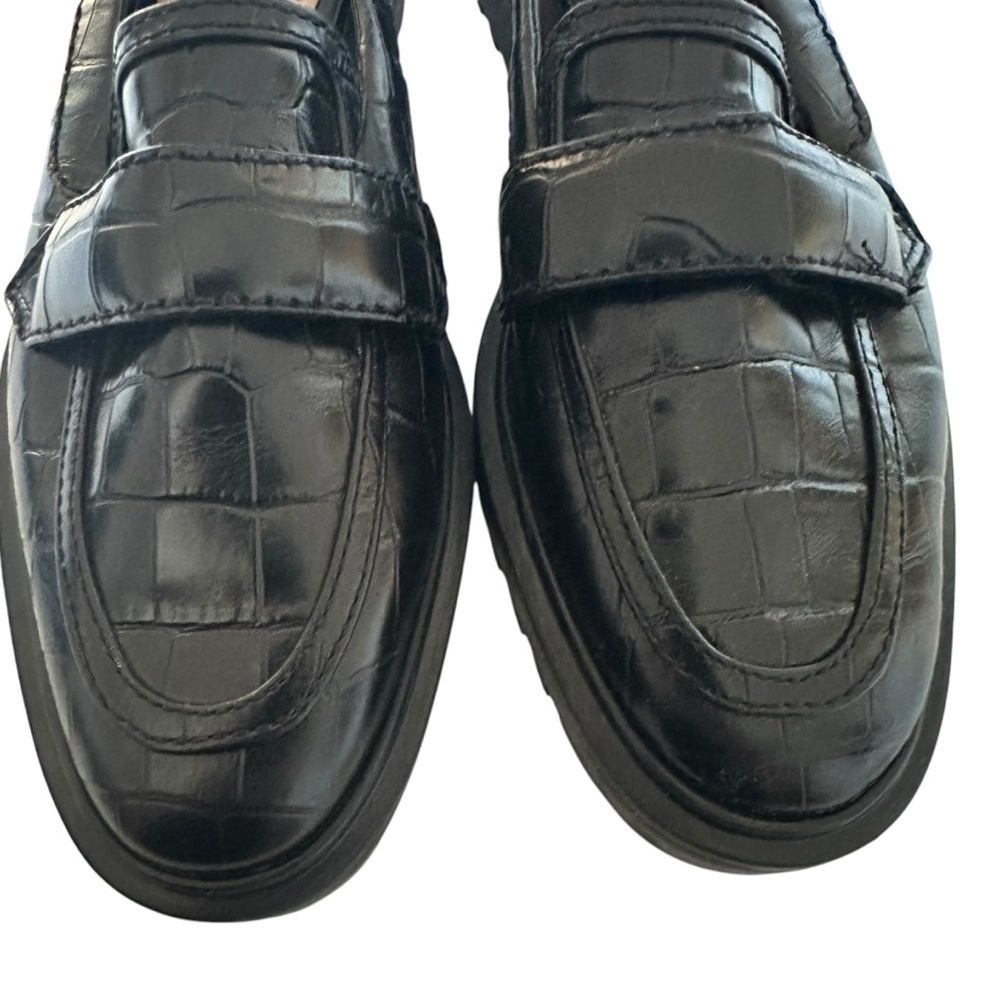 SCHUTZ Black Croc-Embossed Leather Penny Loafers - Picture 7 of 11